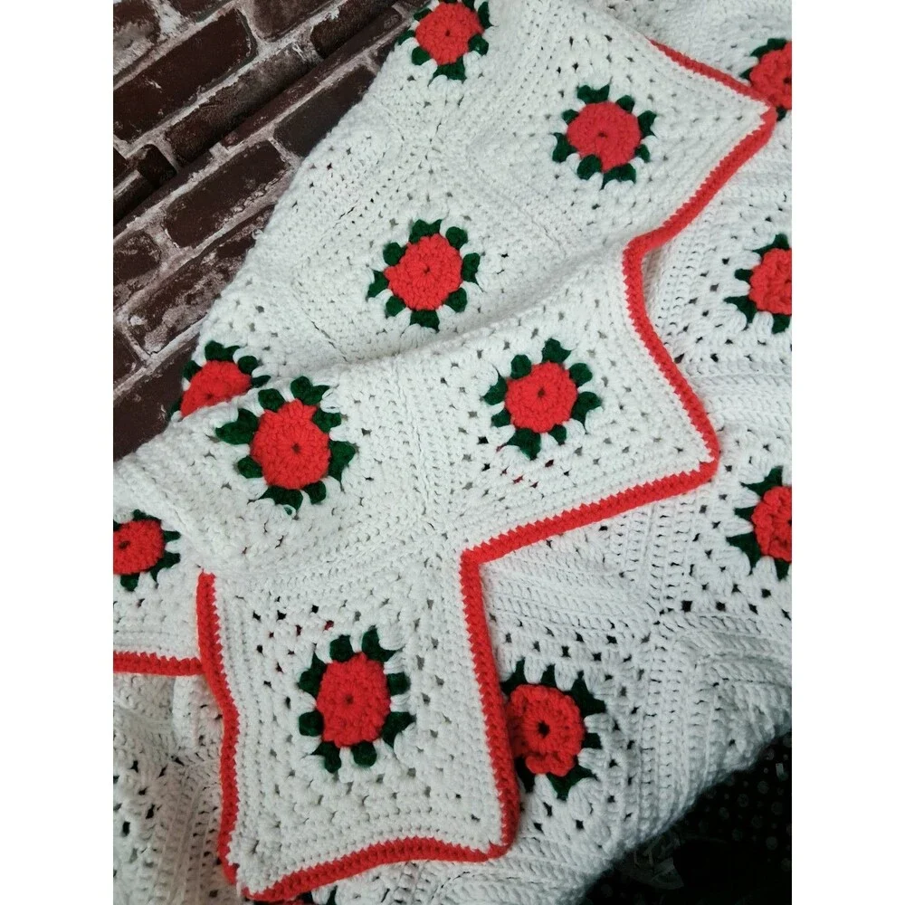 Vintage White Red Crochet Throw Blanket Lap Granny Square 62X62 Homemade Roses